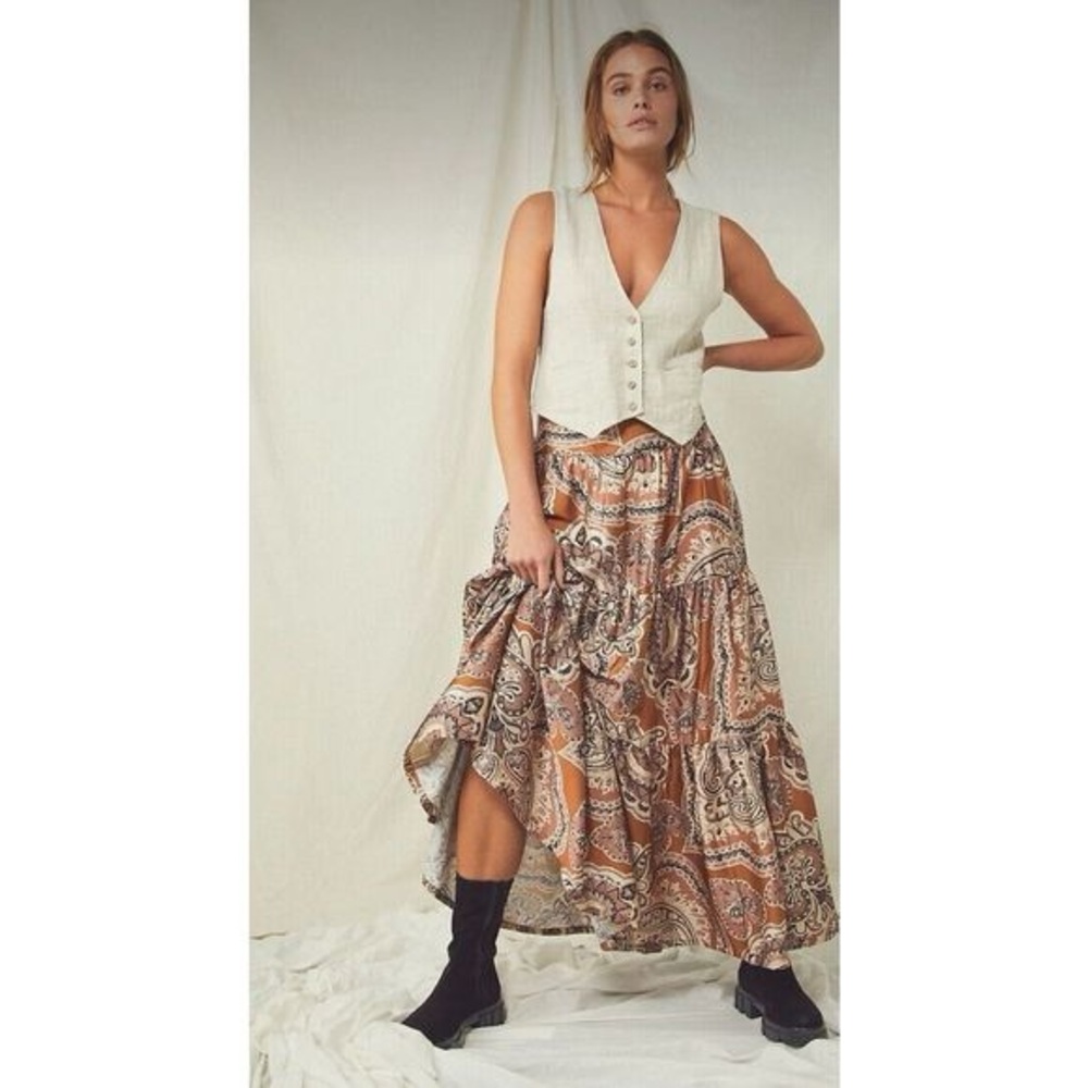 Free People Bronze Paisley Boho Flowy Maxi Skirt